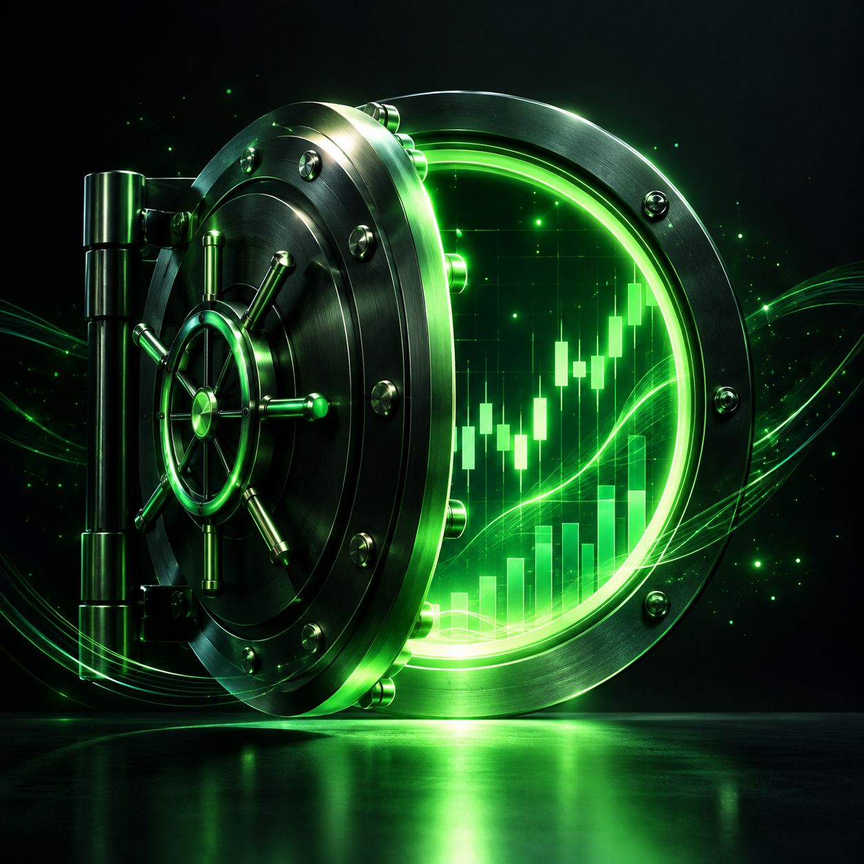 Bank vault door opening to reveal glowing stock charts