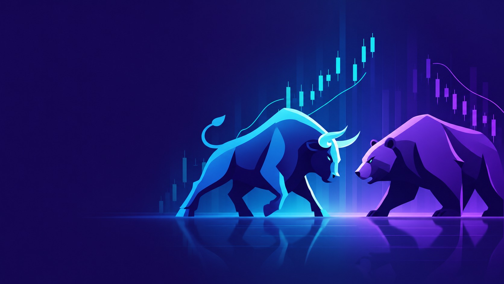 Bull and a bear facing each other on a chart landscape