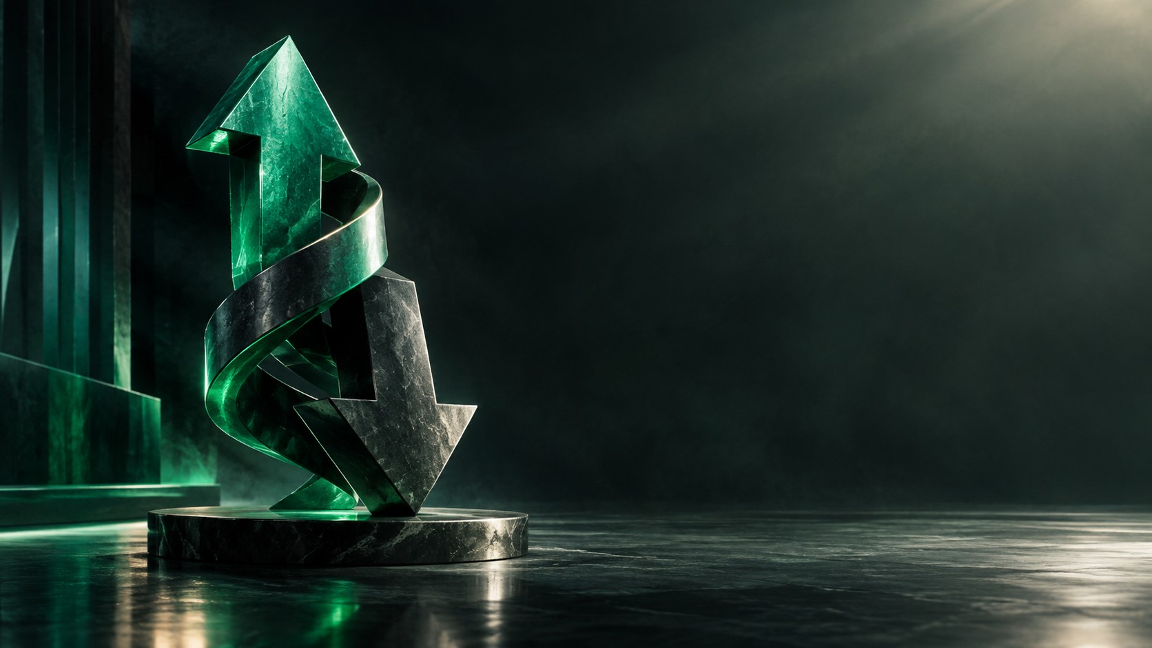 Abstract upward and downward arrow sculpture representing interest rate changes