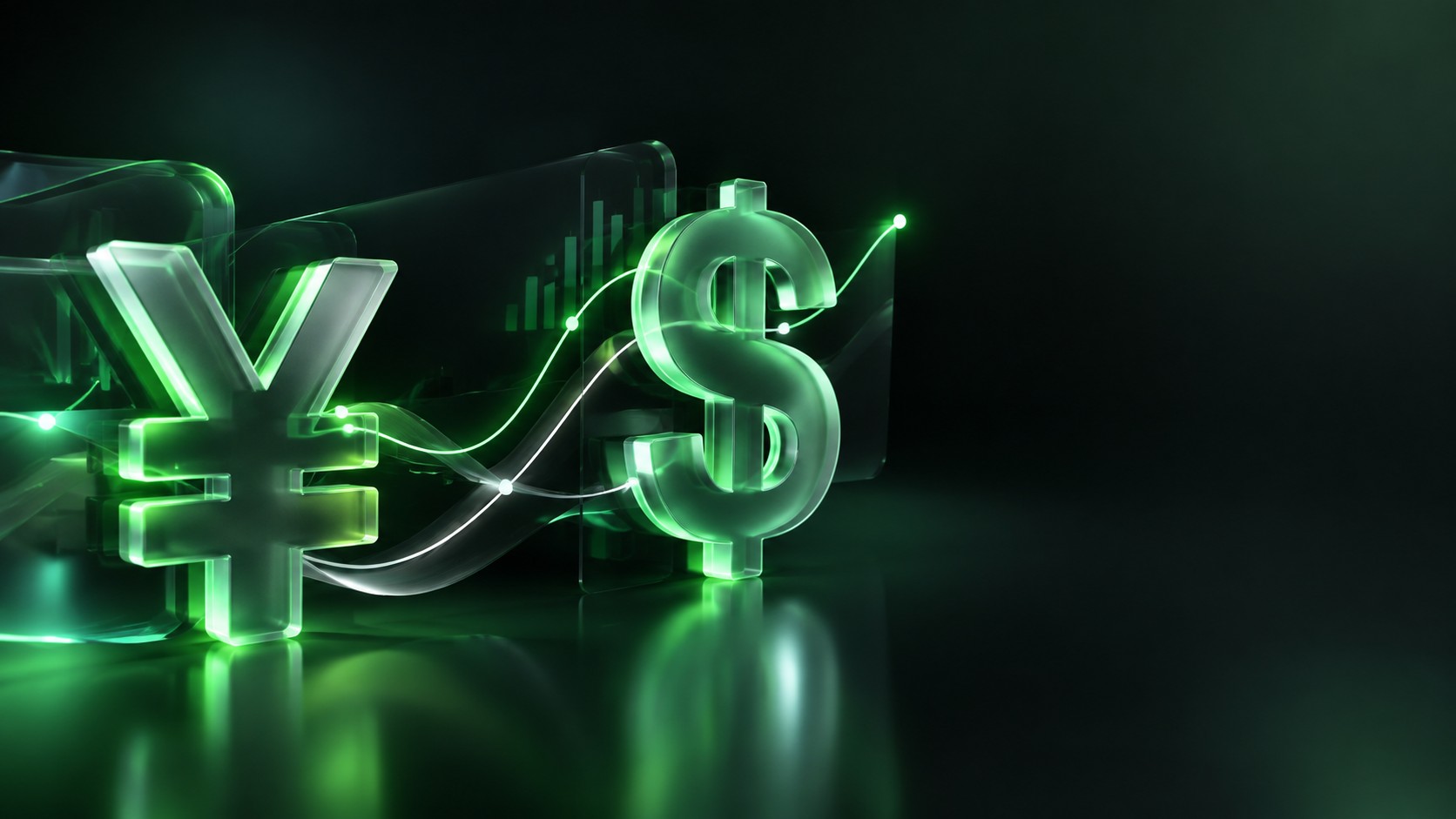 Stylized yen symbol and dollar symbol connected by glowing price lines