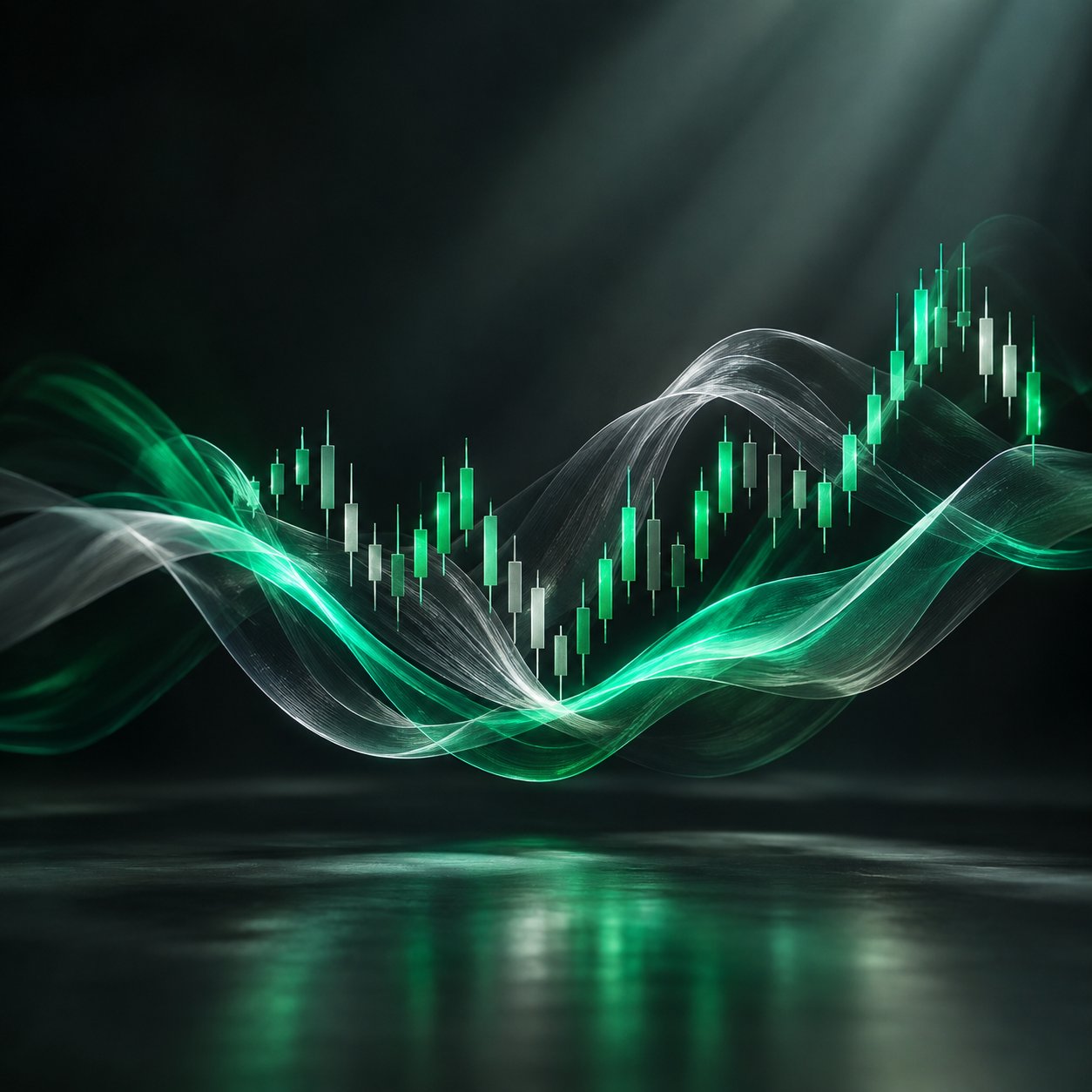 Abstract waves of light representing market volatility across currency charts