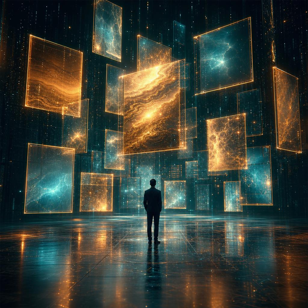Floating digital art frames made of light in a virtual gallery